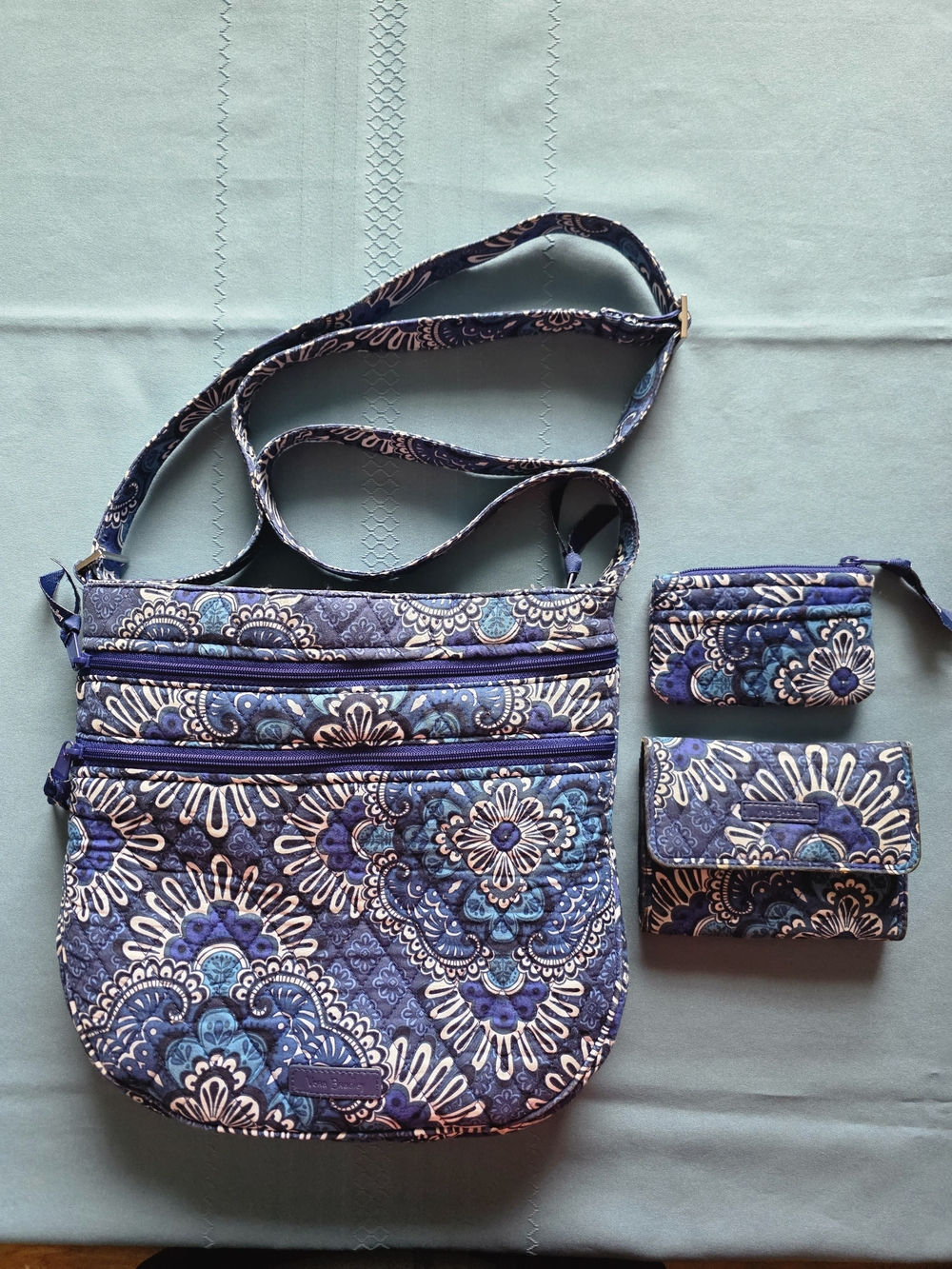 Vera Bradley Blue Tapestry Crossbody Shoulder Bag With Riley Wallet & Zip Pouch